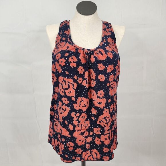 3/$25 Everly Navy Salmon Racerback Ruffle Abstract Floral Tank Top Sz M - Picture 2 of 11